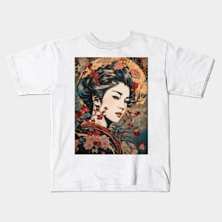 Vintage Rose Blossoms Japanese Woodblock Maple Streetwear Hipster Asian Inspired Retro Manga Samurai Dianella Kids T-Shirt